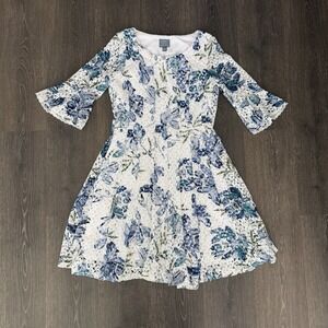 Rabbit Rabbit Rabbit  Blue Floral Lace Lined Dress Bell Sleeve sz 10 Cottagecore